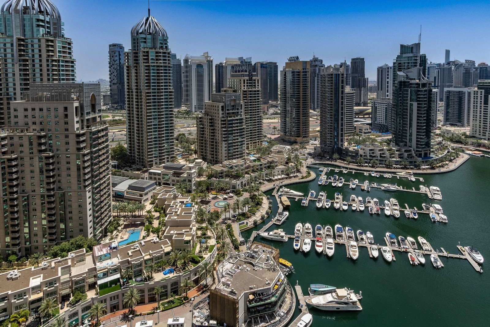 Aerial view of Dubai Marina towers and yachts, United Arab Emirates